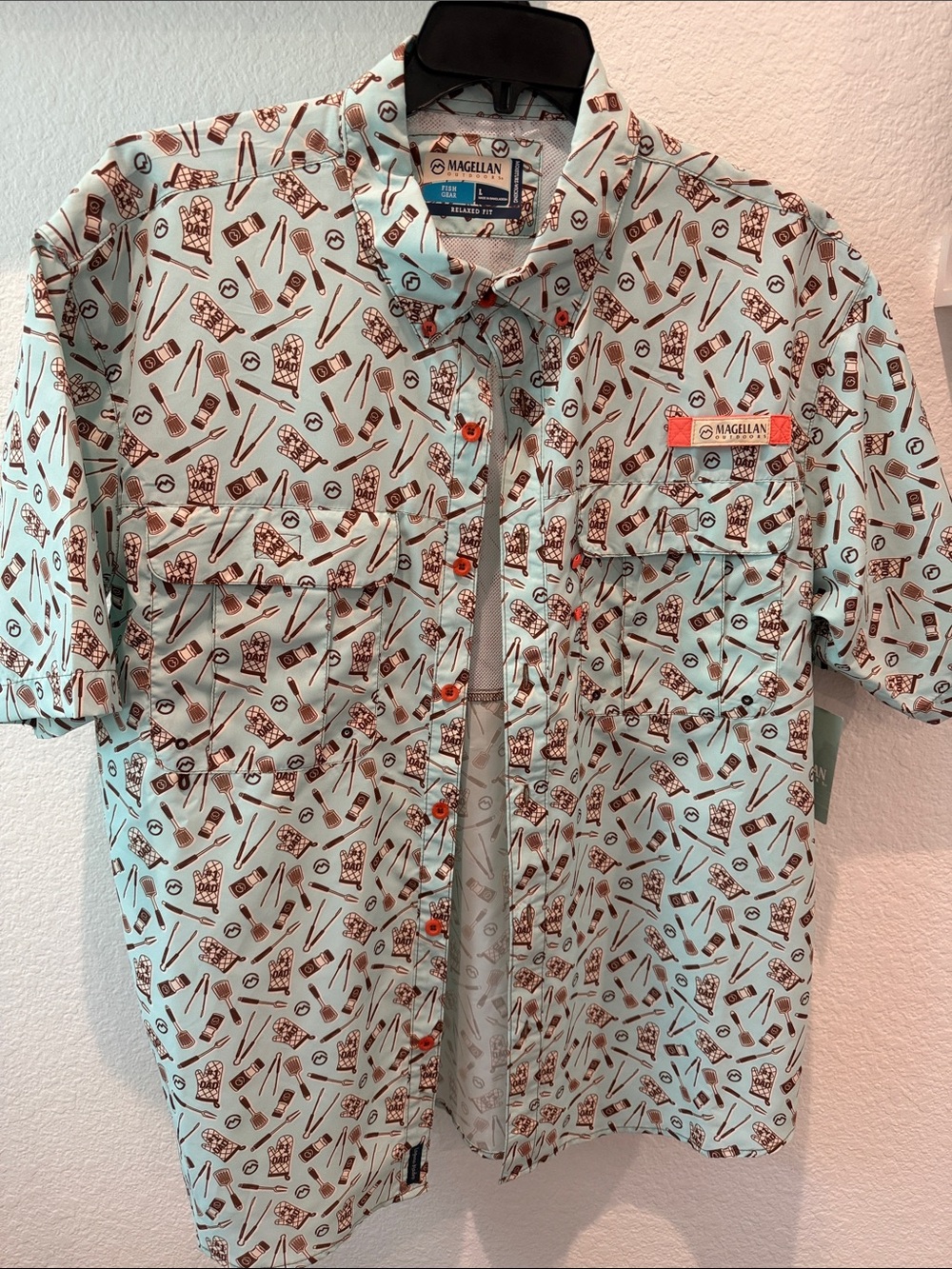 Magellan Outdoors Mint Short-Sleeve Button-Down with Brown Tackle Print
